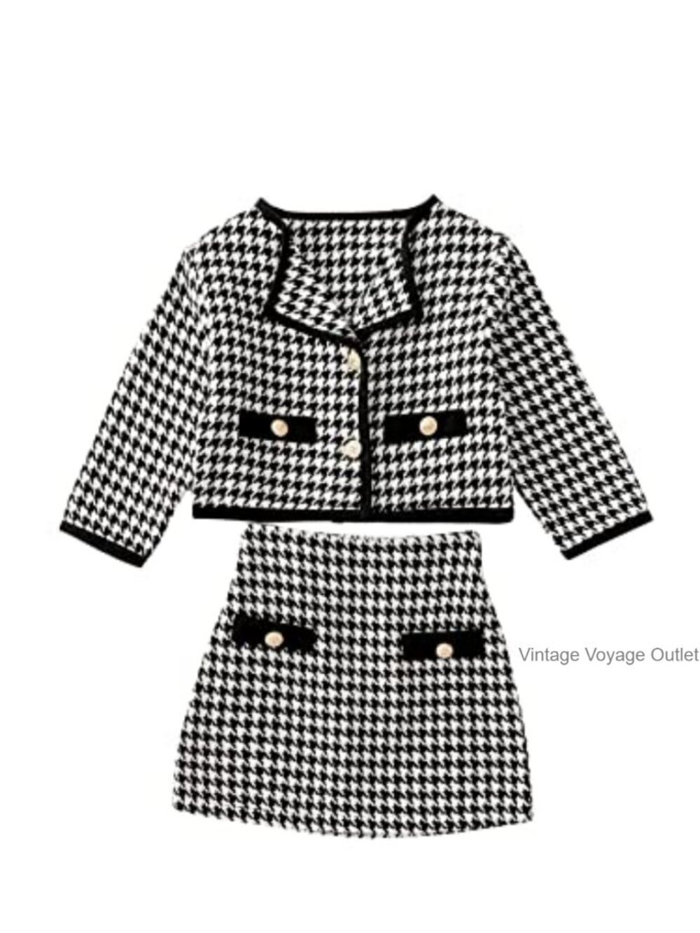 Girl's 2 Piece Houndstooth Tweed Jacket and Skirt Set, Long Sleeve, Soft